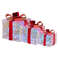 Christabelle Set of 3 Christmas Gift Boxes With Lights - Clear Shimmer With Red Bows