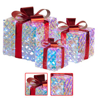 Christabelle Set of 3 Christmas Gift Boxes With Lights - Clear Shimmer With Red Bows