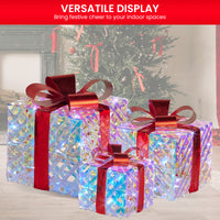 Christabelle Set of 3 Christmas Gift Boxes With Lights - Clear Shimmer With Red Bows