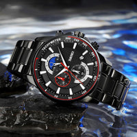 Stainless Steel Men Moonphase Watch with Date - Gold Blue