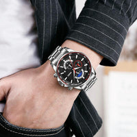 Stainless Steel Men Moonphase Watch with Date - Gold Blue