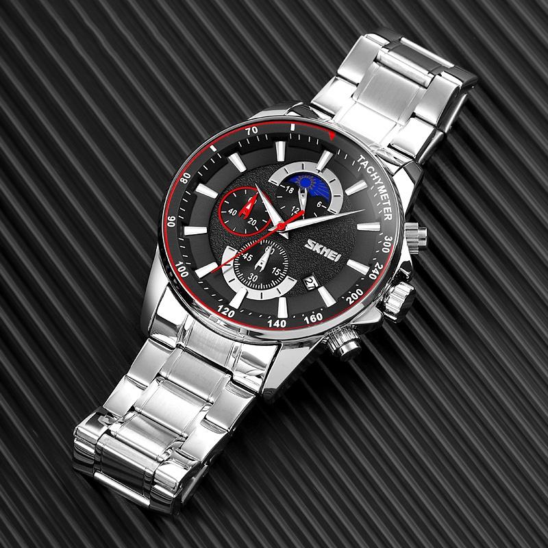 Stainless Steel Men Moonphase Watch with Date - Gold Blue