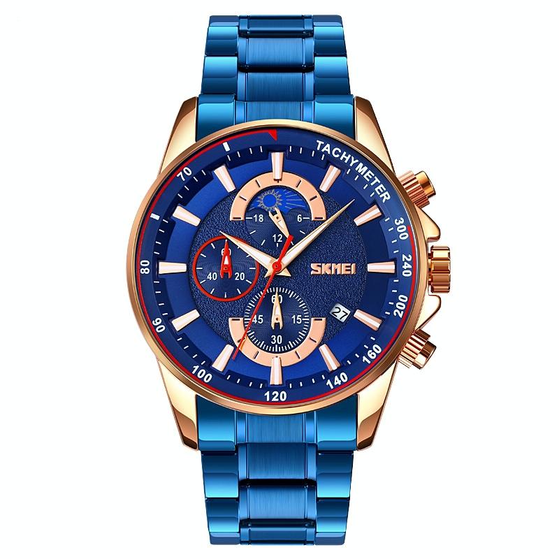 Stainless Steel Men Moonphase Watch with Date - Gold Blue