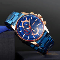 Stainless Steel Men Moonphase Watch with Date - Gold Blue