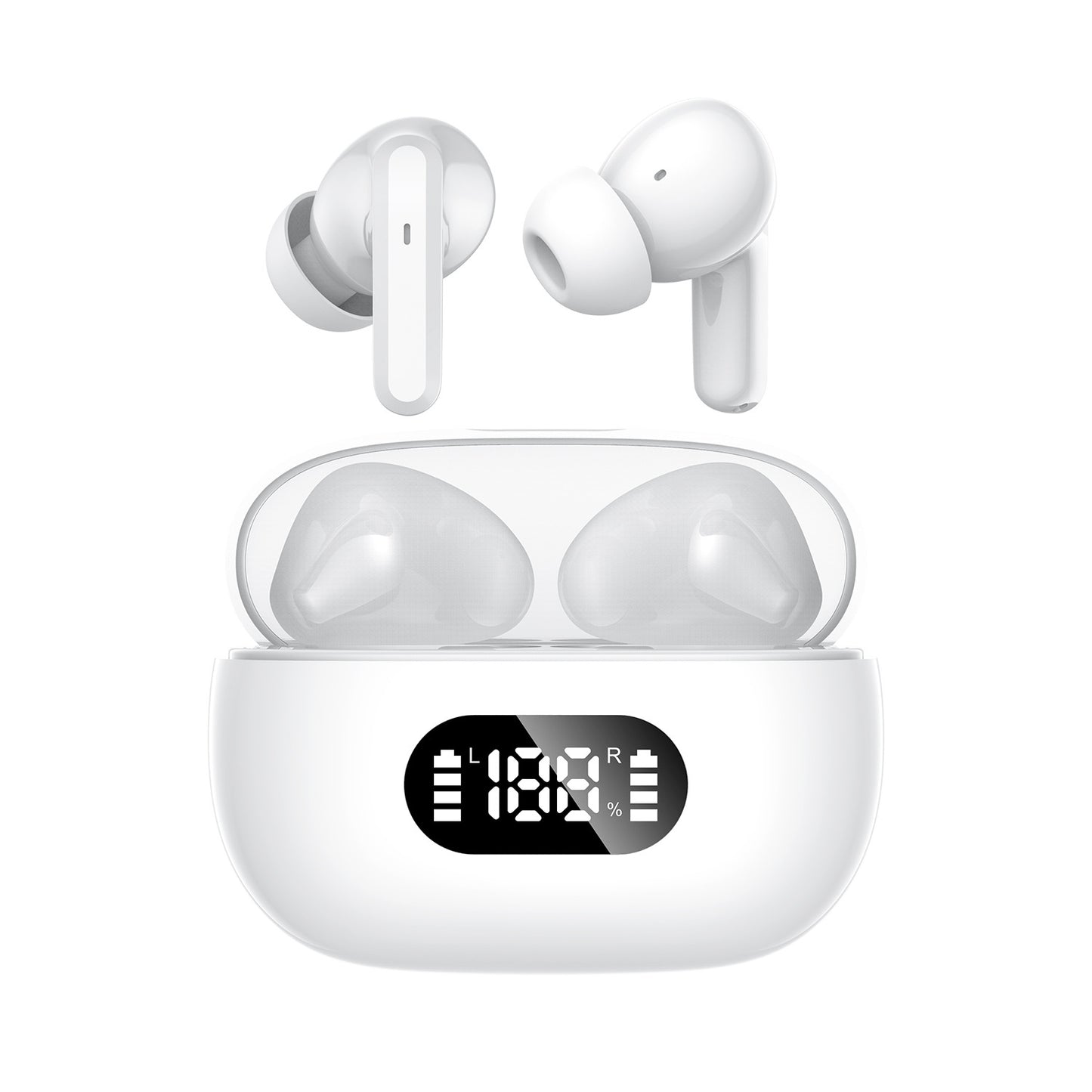 White ProBeat X5 TWS Earbuds: Bluetooth 5.3, LED Smart Display Case, Intuitive Touch Controls, Extended Playtime